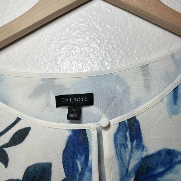 Talbots Women's Floral Blouse M Blue & White Long Pleated Bell Sleeve - Picture 4 of 13